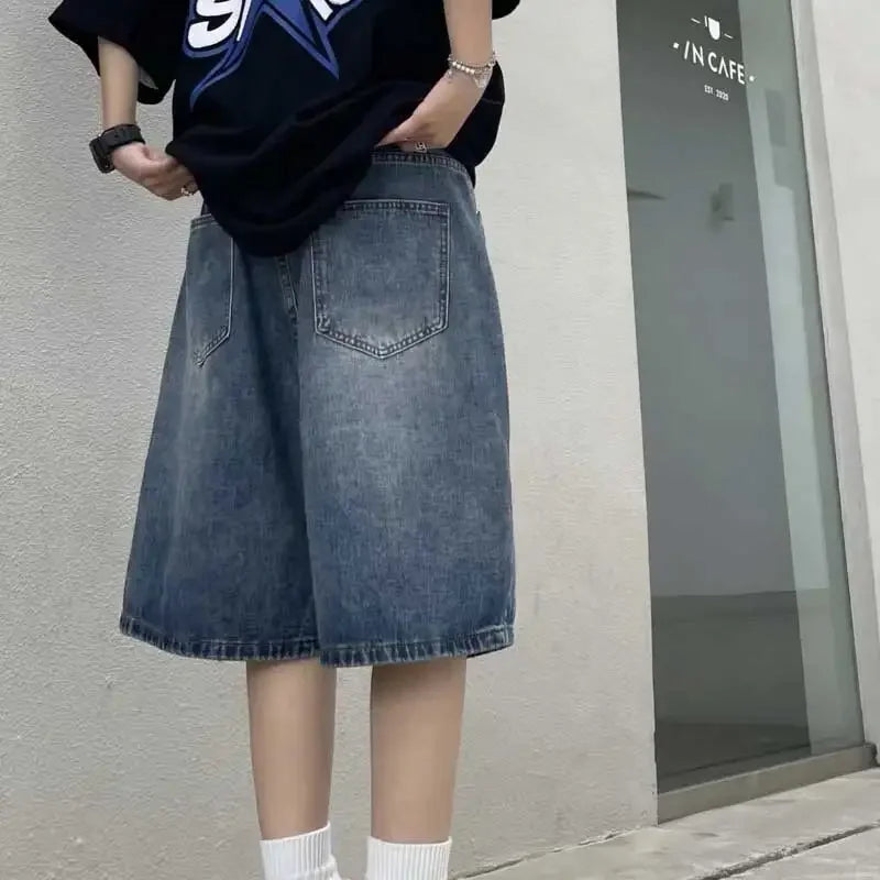 saferido High Street Retro Blue Jeans Shorts Summer New Baggy Wide Leg Denim Half Pants Fashion Streetwear Y2k Clothing Oversize Man