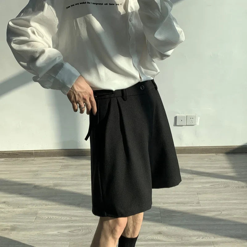 Summer Grey/Black Suit Shorts Men Fashion Society Mens Dress Shorts Korean Style Loose Straight Shorts Mens Casual Shorts M-XL