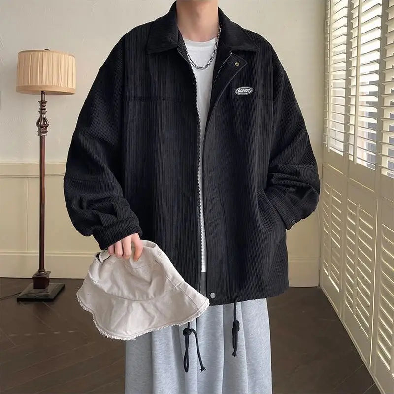 saferido Spring Fashion Men's Casual T-Shirt Loose Soft Versatile Tops Zipper Corduroy Jacket Coat Cool Boys Solid Printi Drawstring