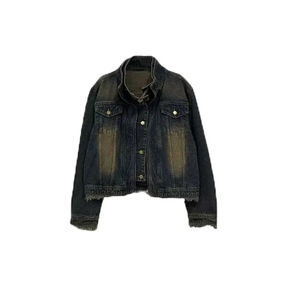 Mens Denim Jacket American Vintage Fake Two Pieces Design Washed Trend Jeans Coat Male Hip Hop High Collar Unisex Outwear 2024