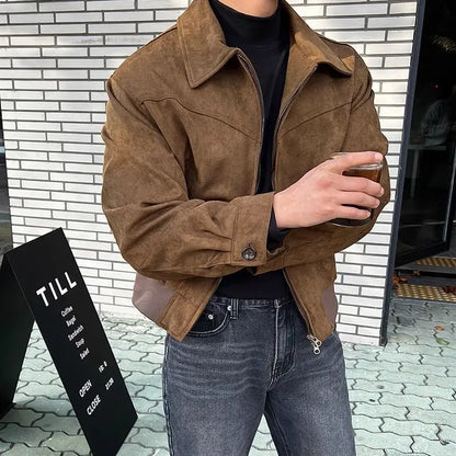 Spring Autumn Fashion Jackets Men Loose Turn Down Collar Coat Mens Vintage Casual Streetwear Outwear Solid Zipper Bomber Jacket