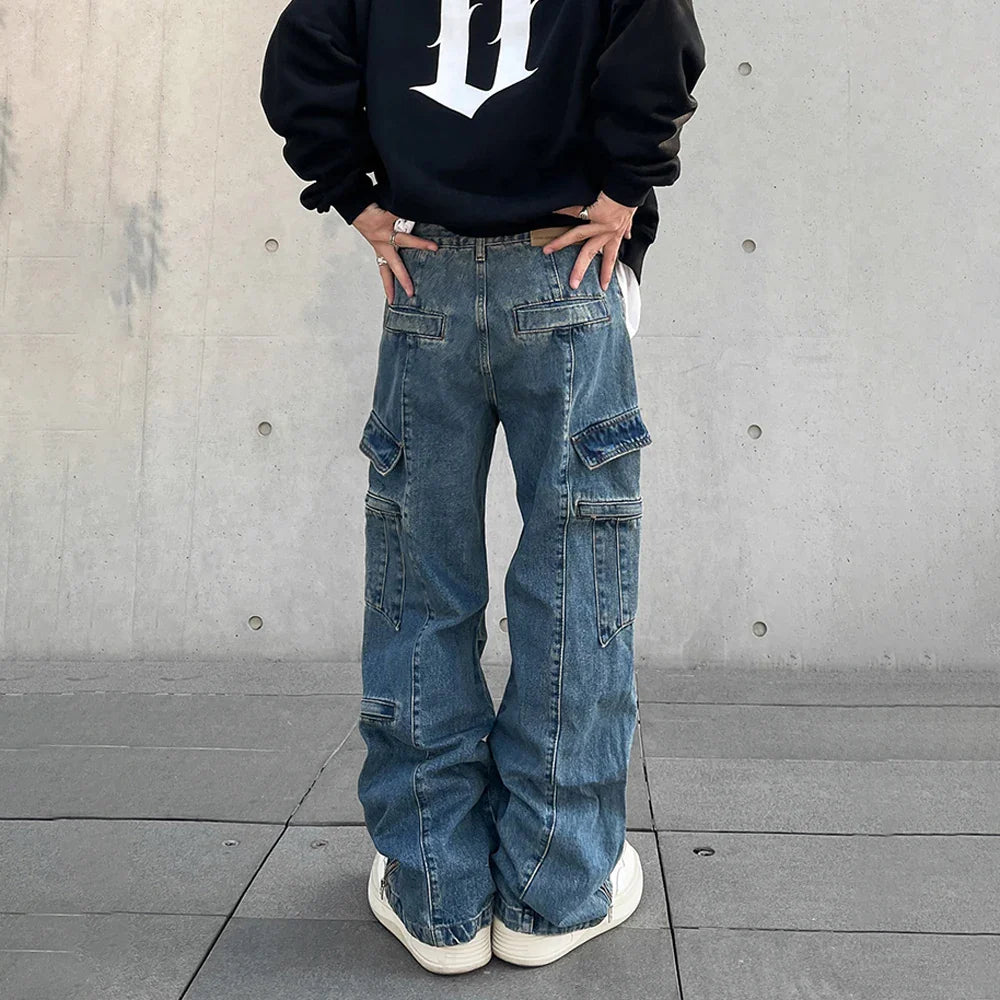 Cargo Jeans Men Big Pocket Loose Autumn Vaqueros Pantalones Hombre Streetwear Casual Blue Trousers Y2k Baggy Winter Denim Pants