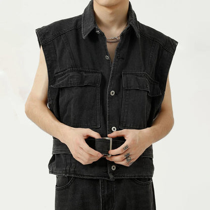 saferido High Street Street Korean Style Simple Denim Vest Jacket Men's Tide Brand Lapel Collar Distressed Denim Tooling Vest