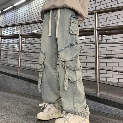 saferido Y2K Autumn And Winter New Japanese Overalls Jeans Men And Women American Retro High Street Micro-la Washed Wide-leg Straight Pants