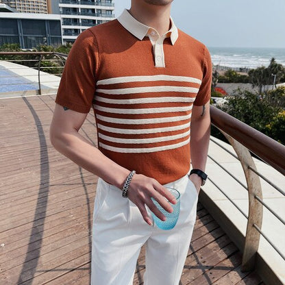 Spring and Autumn Men  Clothing Men Tee Shirt Men Man Luxury Quality Knitting Stripe Polo Shirt Male T-shirt Stylish and Simple