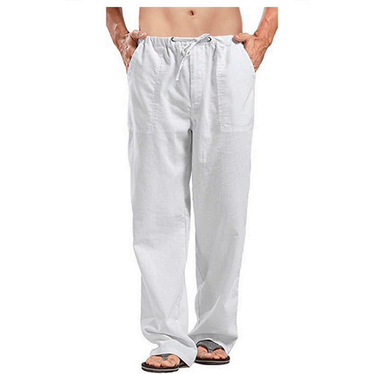 Men's Cotton Linen Pants Summer Solid Color Breathable Linen Trousers Male Casual Elastic Waist Fitness Pants