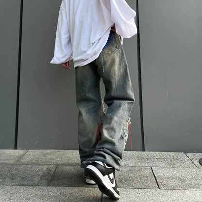 saferido Korean Style Ins Hip-Hop Trendy Distressed Red Rope Vintage Jeans Washed And Worn Long Straight Leg Pants