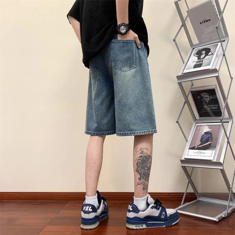 saferido Korean Style Summer Men's Black Wide Leg Denim Shorts New Fashion Casual Baggy Short Jeans Cargo Shorts Male Brand Clothes