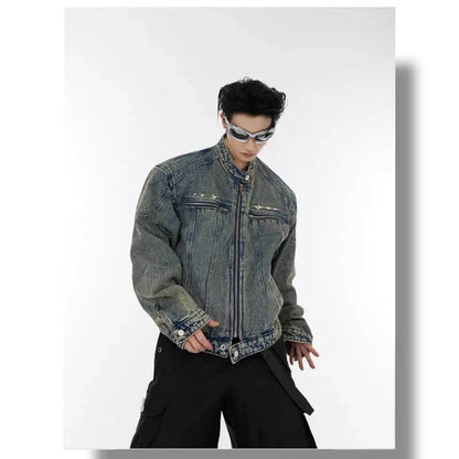 Mens Denim Jacket Zippered Metal Design Distressed Washed Short Jeans Jacket Vintage Trendy Spliced Male Outerwear New