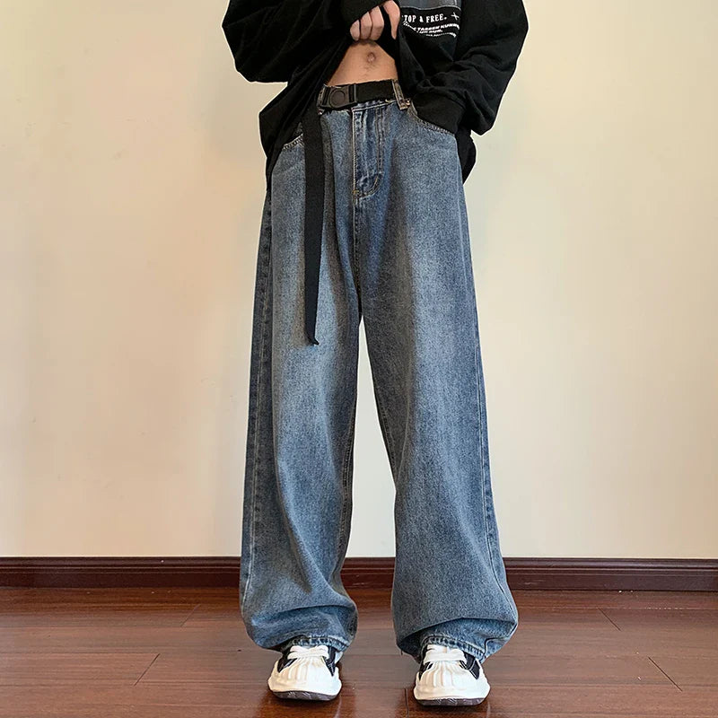 saferido  Autumn New Blue Solid Simple Jeans With Belt Male Casual Mopping Denim Pants Men Oversized Zipper Wide Leg Jean Pants