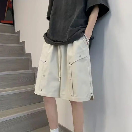 saferido Summer Elegant Fashion Harajuku Slim Fit Ropa Hombre Loose All Match Casual Shorts Solid Zipper Pockets Straight Cylinder Shorts