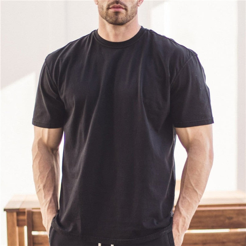 Men Gym Workout Fitness cotton Short Sleeve T-shirt Hip Hop Fitness Summer Oversized Bodybuilding Tops Sports Tees