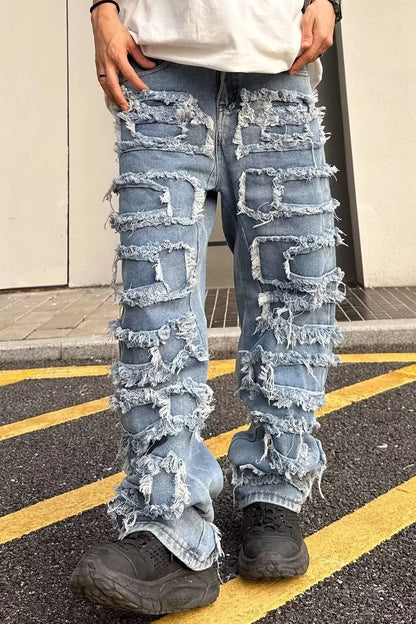 saferido Individualized patch jeans men  American high street hip-hop fried street beggar pants blue loose small crowd mopping