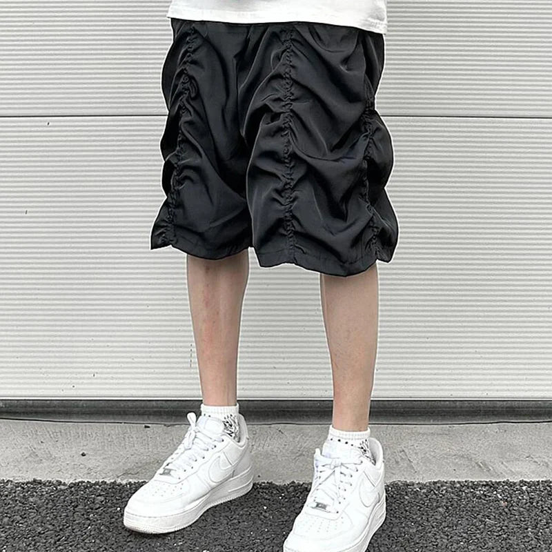 saferido Y2K Summer Thin Qucik Dry Drawstring Shorts Men's Ruched Streetwear Wide Leg Baggy Five Point Pants Oversized Pleated Short