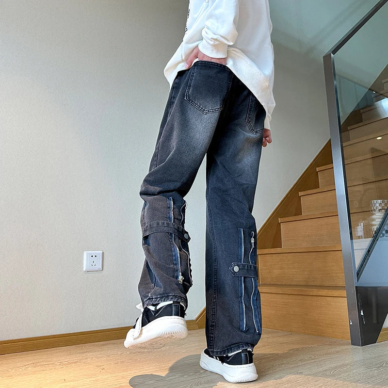 saferido American Zipper Design for Men's Jeans Street Hip-hop Straight Tube Loose Wide Leg Pants Y2K Pants Baggy Jeans