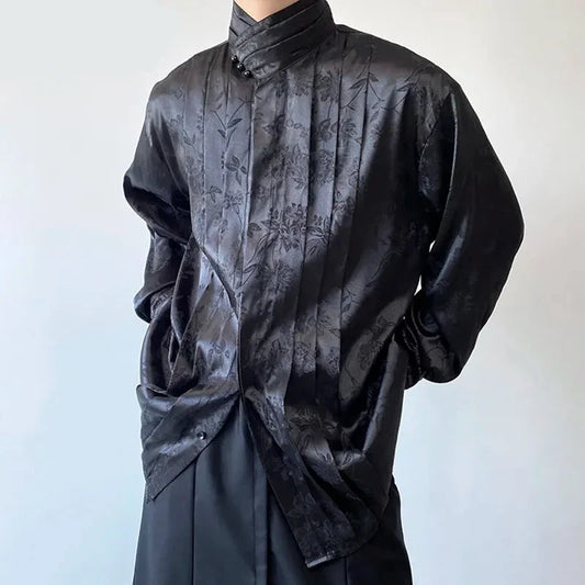 Pleated Stand Collar Jacquard Satin Trend Men's Shirt Long Sleeved Fashionable Autumn Male Tops Solid Color