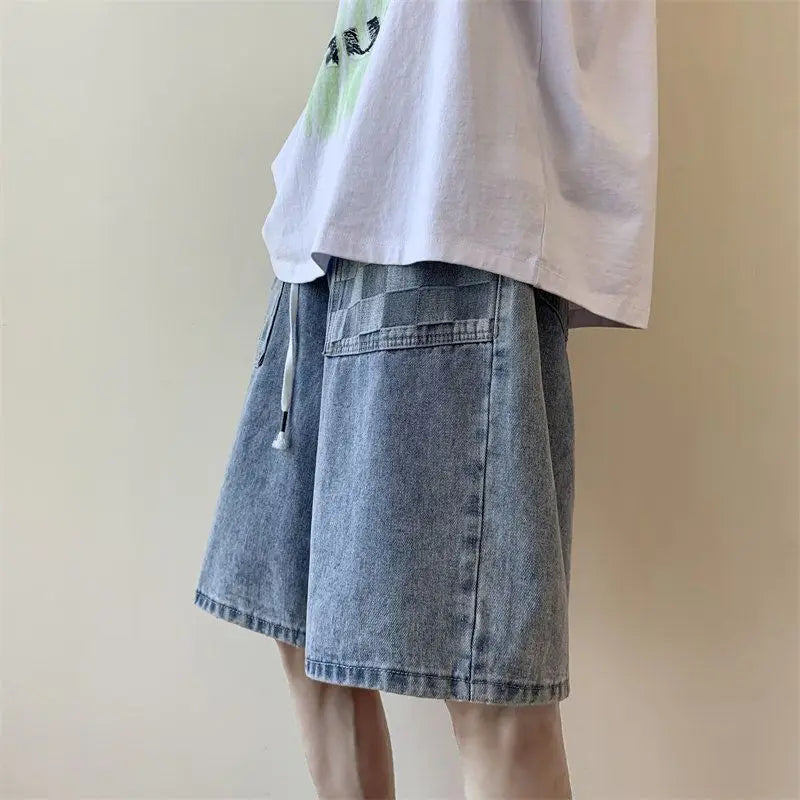 saferido New Summer Men's Stitching Plaid Short Jeans Korean Fashion Streetwear Blue Baggy Denim Shorts Wide Leg Large Pocket Shorts