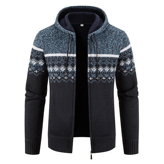 New Winter Fleece Men Sweater Cardigan Hooded Knitted Print Sweatercoat Mens Casual Warm Cardigan Zipper Hooded Cardigan Men