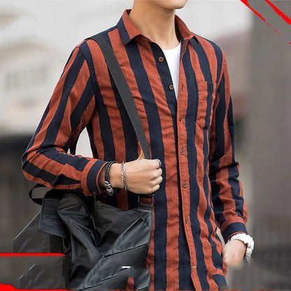 Spring Autumn New Fashion Striped Shirt Man Turn-down Collar Long Sleeve Single Breasted Cardigan High Street Contrast Color Top