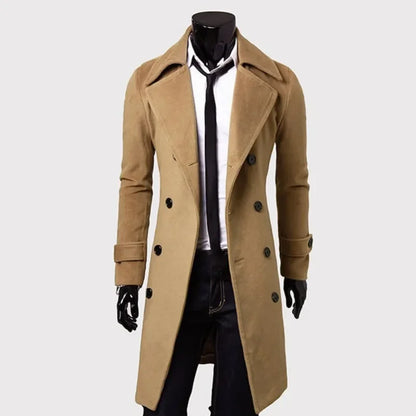 saferido Autumn Winter Men Long Trench Coat Double-breasted Solid Color Simple Mid-Length Windproof Thick British Fashion Slim Jacket