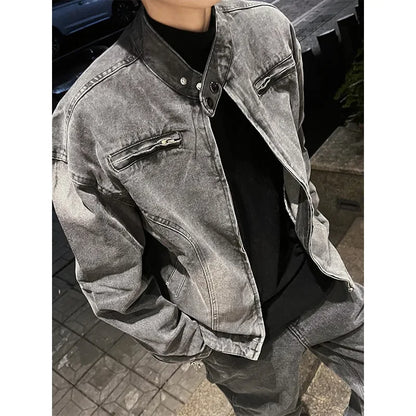 saferido Trendy American Style Vintage Cropped Jacket Men's Loose Fit Denim Clip-on Motorcycle Jacket Hiphop High Street Fashion