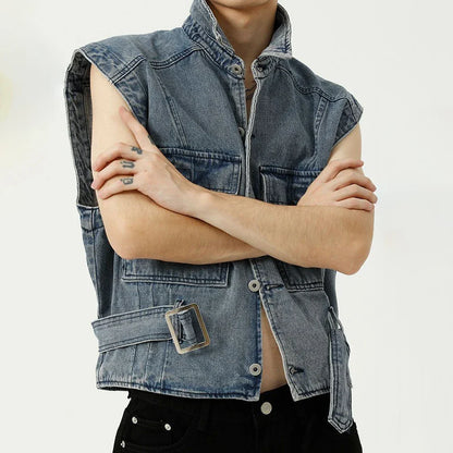 saferido High Street Street Korean Style Simple Denim Vest Jacket Men's Tide Brand Lapel Collar Distressed Denim Tooling Vest