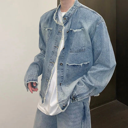 Men's Casual Washed Denim Jacket Streetwear Ripped Stand Collar Texture Korean Harajuku Retro Long Sleeve Luxury Coat New