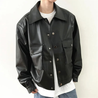 saferido Black Short Leather Jacket Men Oversized Pocket Motorcycle Jackets Mens Streetwear Hip-hop Loose Bomber Jacket Men Korean Coat