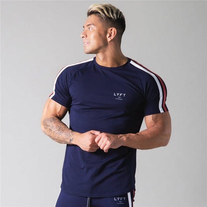 Side Stripes Gym Running Men's Summer Short Sleeve Sports Style Fashion T-shirt Bodybuilding Fitness Cotton T-shirt Men's Shirt