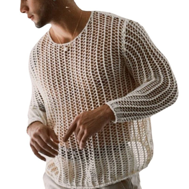 Mesh Top Men Transparent Sexy See Through Men Long Sleeve Tee Streetwear Men's Clothing Fishnet Muscle Undershirts