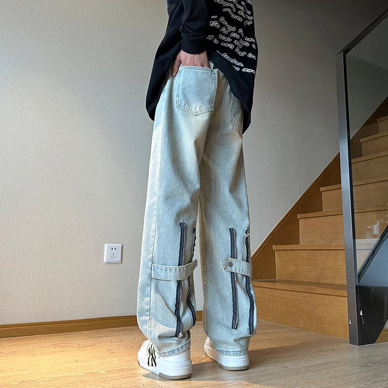 saferido American Zipper Design for Men's Jeans Street Hip-hop Straight Tube Loose Wide Leg Pants Y2K Pants Baggy Jeans