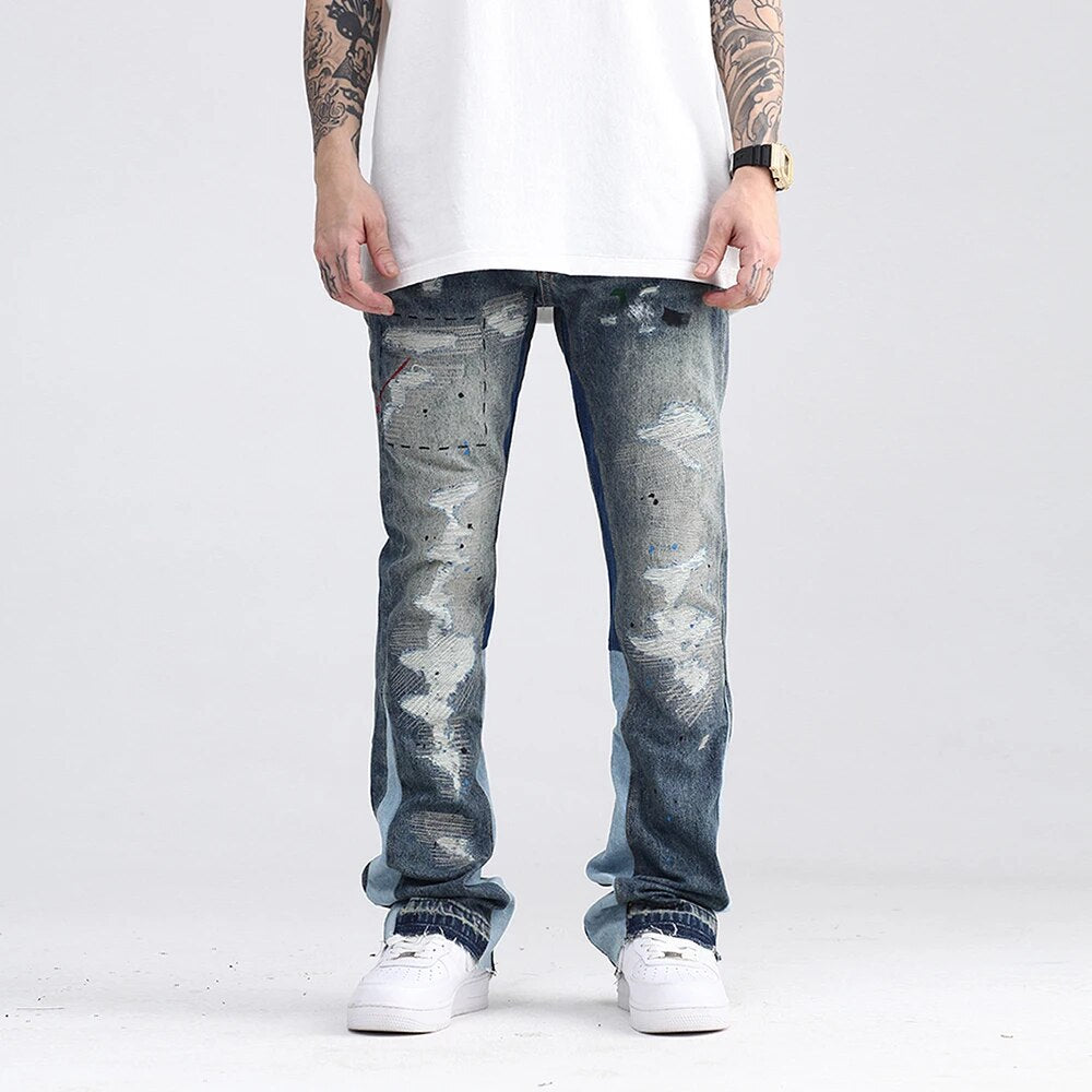 Blue Speckle ink Washed Destroyed Flared Jean Pants Hip Hop Graffiti Ripped Denim Jeans for Men Streetwear Vintage Wide Jeans