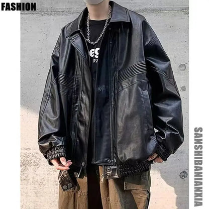 saferido Oversized VIntage Men's Leather Jackets PU Biker Coat Autumn Faux Leather Bomber Jacket 90s Big Pockets Windbreaker Overcoat