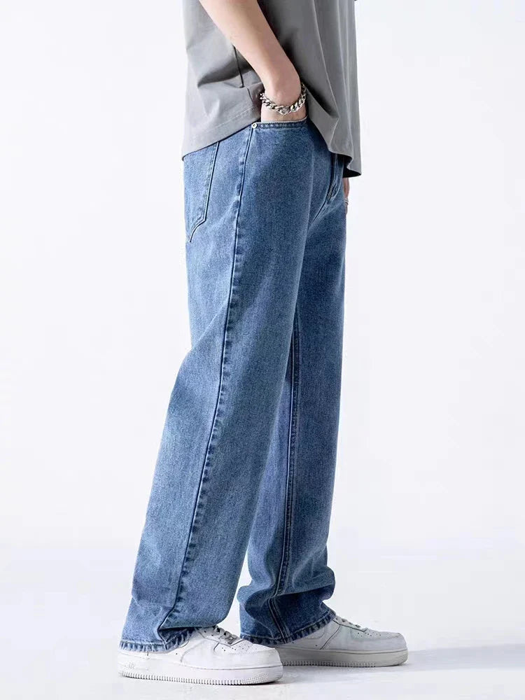 Spring Autumn Men's Jeans Straight Denim Pants Banding Waist Cotton Streetwear Wide Leg Loose Casual Blue Long Jeans Trousers