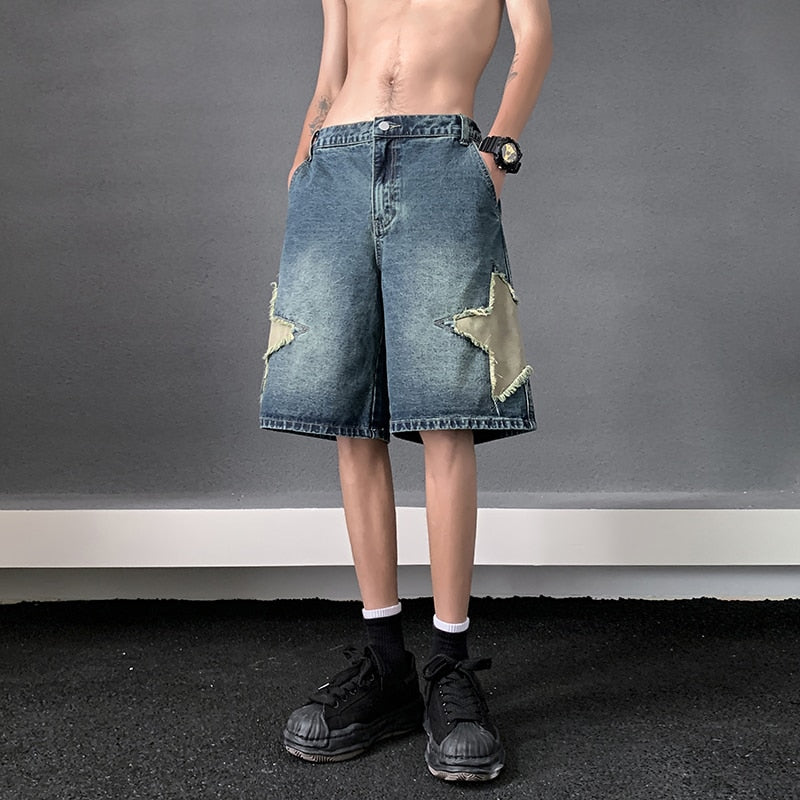 Blue Star Embroidery Straight Casual Men Shorts Summer New Wide Leg Loose Hip-hop Fashion Youth Streetwear Denim Shorts