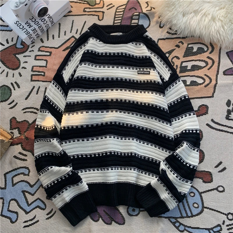 saferido Men's Knitted Pullover Korean College Style Striped Crew Neck Women Unisex Sweater Pullovers Label Design Knit Male Clothing