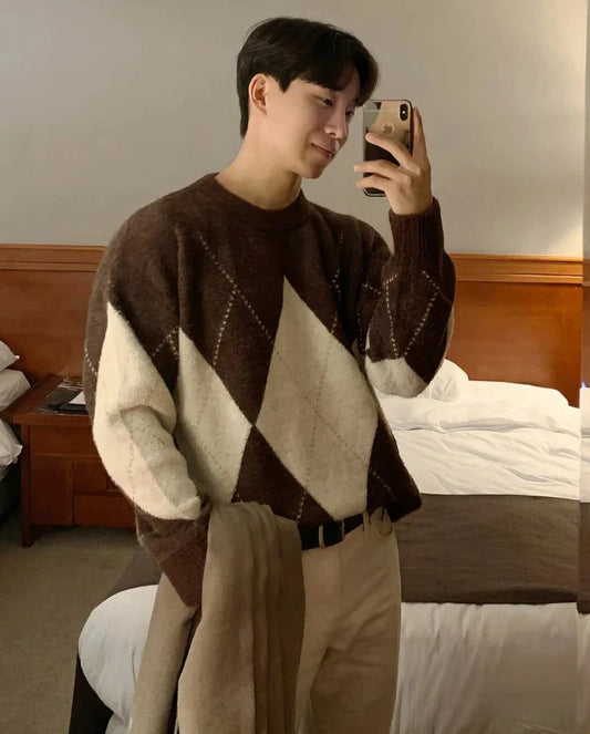 Knitted Sweaters Men Autumn Geometric Stylish Warm Leisure Korean Style Streetwear Temperament Classic Advanced Aesthetic