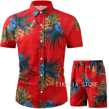 Men Clothing Set  Two Piece Set Summer Beach Wear Floral Print Casual Shirt and Shorts Set Hawaiian Shirt Holiday Clothes