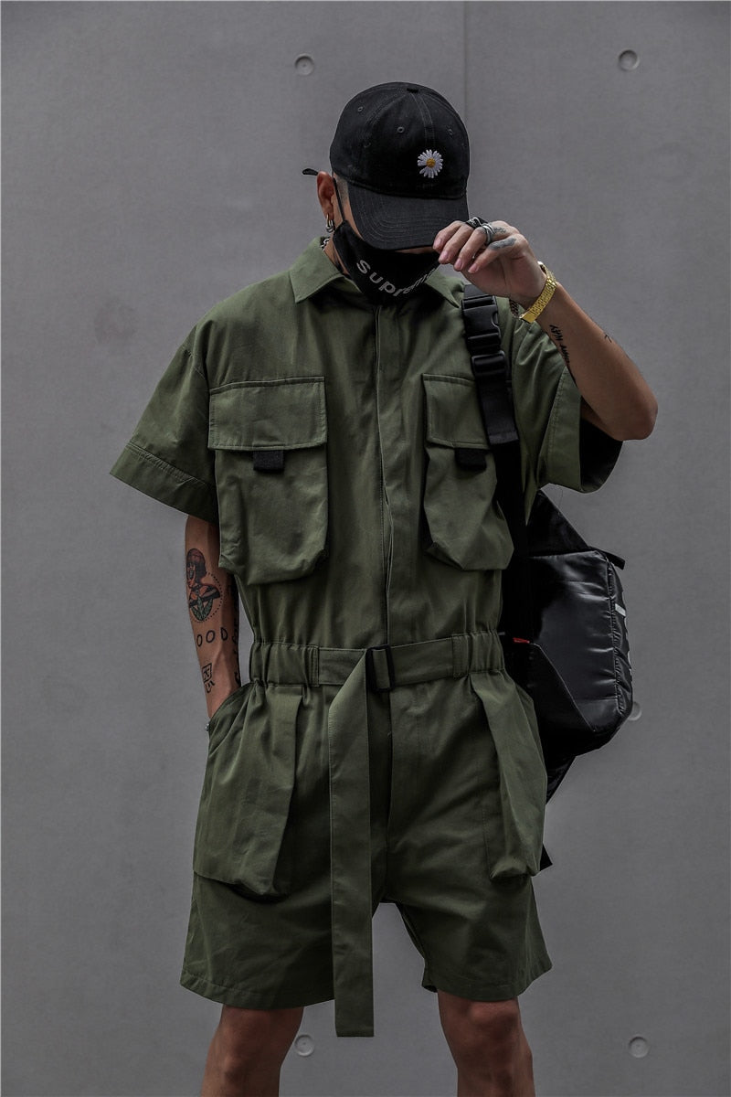 Short Jumpsuit for Men Black Bodysuits Overalls Men Green Male Japanese Streetwear Summer Pockets Hip Hop