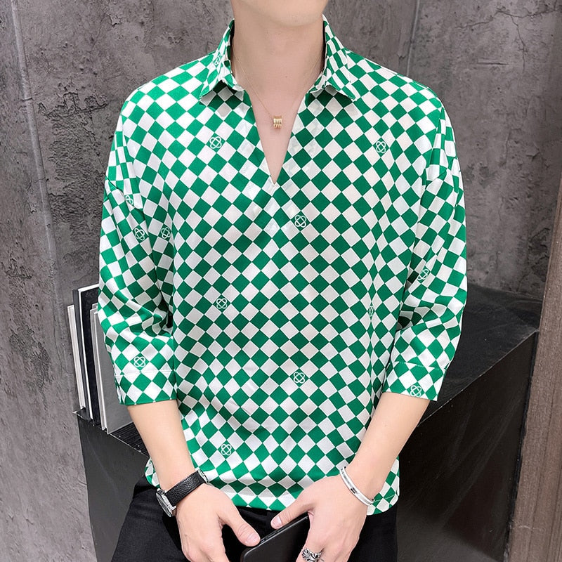 ngland Style Fashion Print Shirt Men Summer Men Three Quarter Sleeve Luxury Shirt Casual Loose Shirts