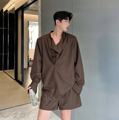 saferido Korea Fashion Spring Male Casual Casual Set Solid Color Personality Lapel Short Sleeve Men's Short Pants Top 2-piece set