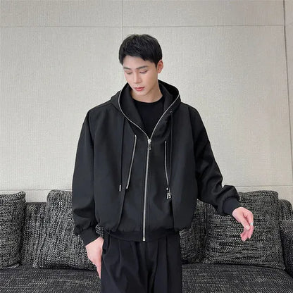 saferido Korean Spring Streetwear Hooded Sweatshirt Casual Fake Two Piece Jacket Solid Color Double Zippers Male Clothing Spring