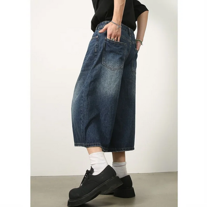 saferido American Retro Summer Calf-Length Denim Pants Jeans Men High Street Over Knee Wide Leg Straight Shorts Casual Oversized Shorts