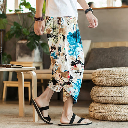 Summer Harajuku Calf Length Casual Men's Pants Wide Leg Cotton Linen Printing Harem Baggy Pants Fashion Men's Clothing