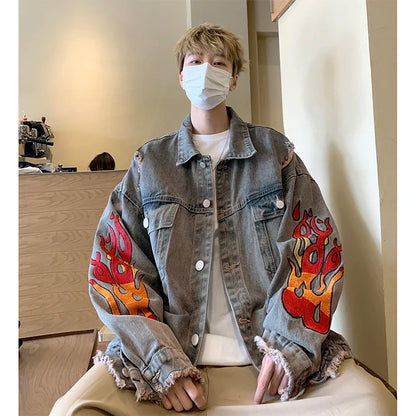 saferido Flame Embroidery Perforated Denim Coat Men's Spring and Autumn Street Fashion Brand Hip Hop Loose Couple Retro Jacket