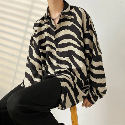 Spring Korean Fashion Sexy Leopard Print Shirts for Men Long Sleeve Lapel Loose Ice Silk Luxury Retro Men's Striped Shirts