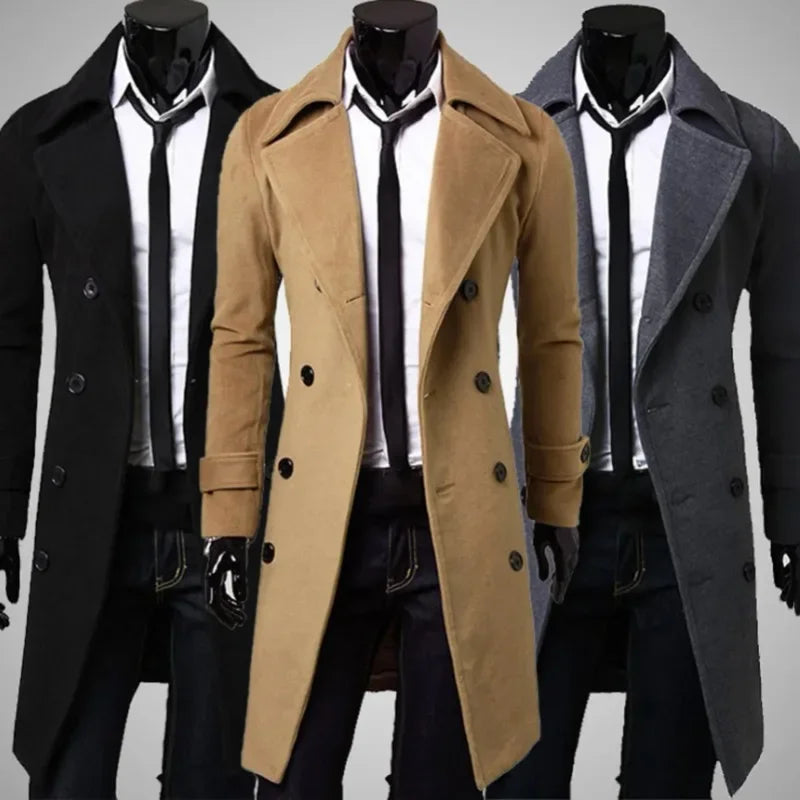 saferido Autumn Winter Men Long Trench Coat Double-breasted Solid Color Simple Mid-Length Windproof Thick British Fashion Slim Jacket