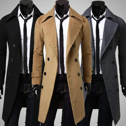 saferido Autumn Winter Men Long Trench Coat Double-breasted Solid Color Simple Mid-Length Windproof Thick British Fashion Slim Jacket