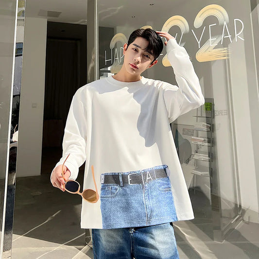 saferido Korean Street fashion Spring Casual Men Personality Jeans Print Long Sleeve T-shirts Sweatshirt Patchwork Loose Sweatshirts