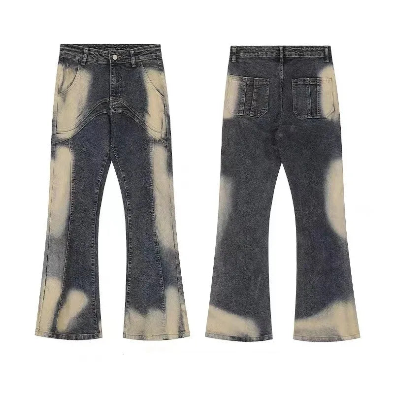 saferido Jeans High Street American Vintage Wash Harajuku Y2K Spliced Jeans Men's Loose Flare Design Feel Pants